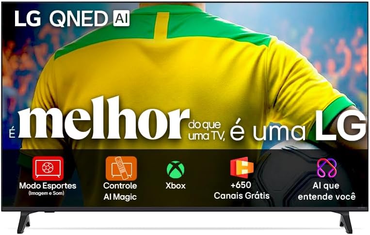 Smart TV LG QNED73 em destaque com as principais características apresentadas no painel.