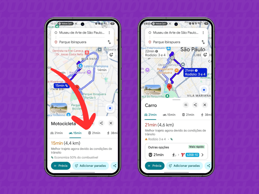 Selecionando o meio de transporte (imagem: Lupa Charleaux/Tecnoblog)