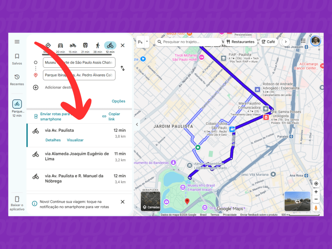 Visualizando as informações do percursos sugerido pelo Google Maps (imagem: Lupa Charleaux/Tecnoblog)