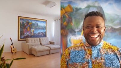Aos 47 anos, ator vive em apartamento com quarto branco e arte usado como refúgio na BA