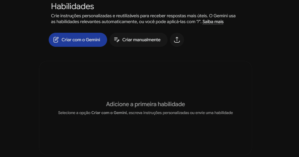 captura de tela da interface de Habilidades no Gemini Spark