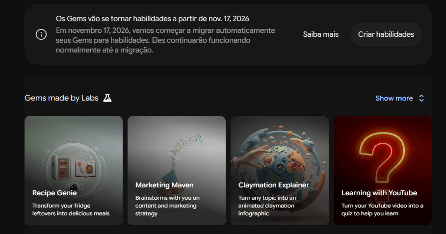 captura de tela da interface do Gemini com aviso de encerramento do Gems em 17 de novembro
