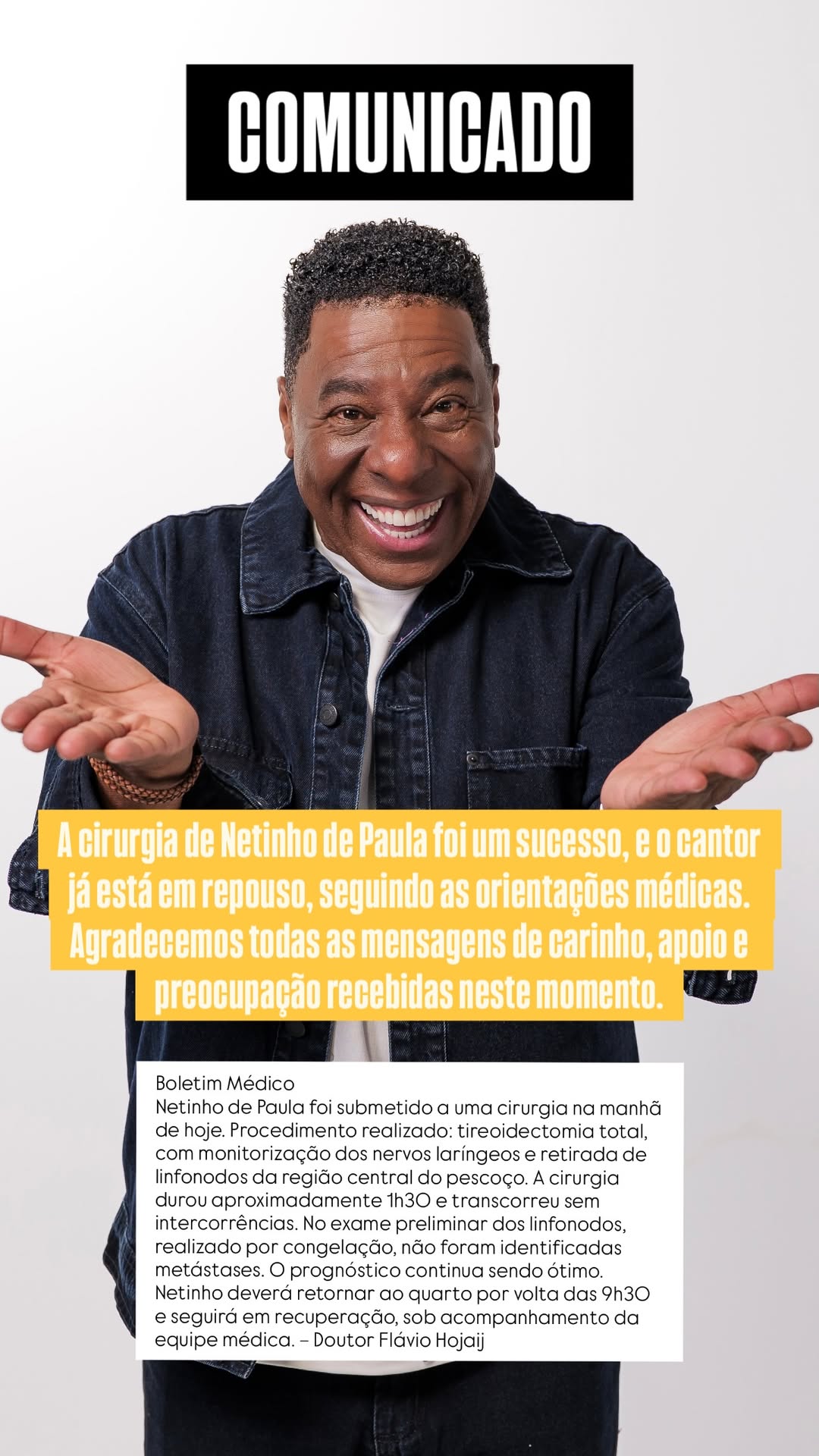 Comunicado da equipe de Netinho de Paula — Foto: Reprodução/Instagram