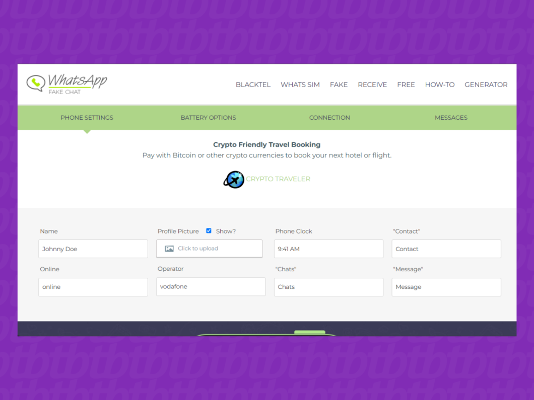 Acessando o site Fake WhatsApp Chat Generator (imagem: Lupa Charleaux/Tecnoblog)