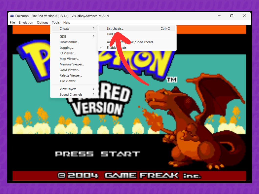 Captura de tela do aplicativo VisualBoyAdvance mostra como acessar a opção "List Cheats"