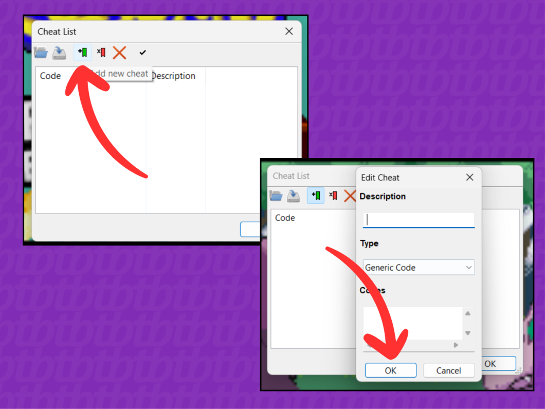 Capturas de tela do aplicativo VisualBoyAdvance mostram como inserir um novo cheat