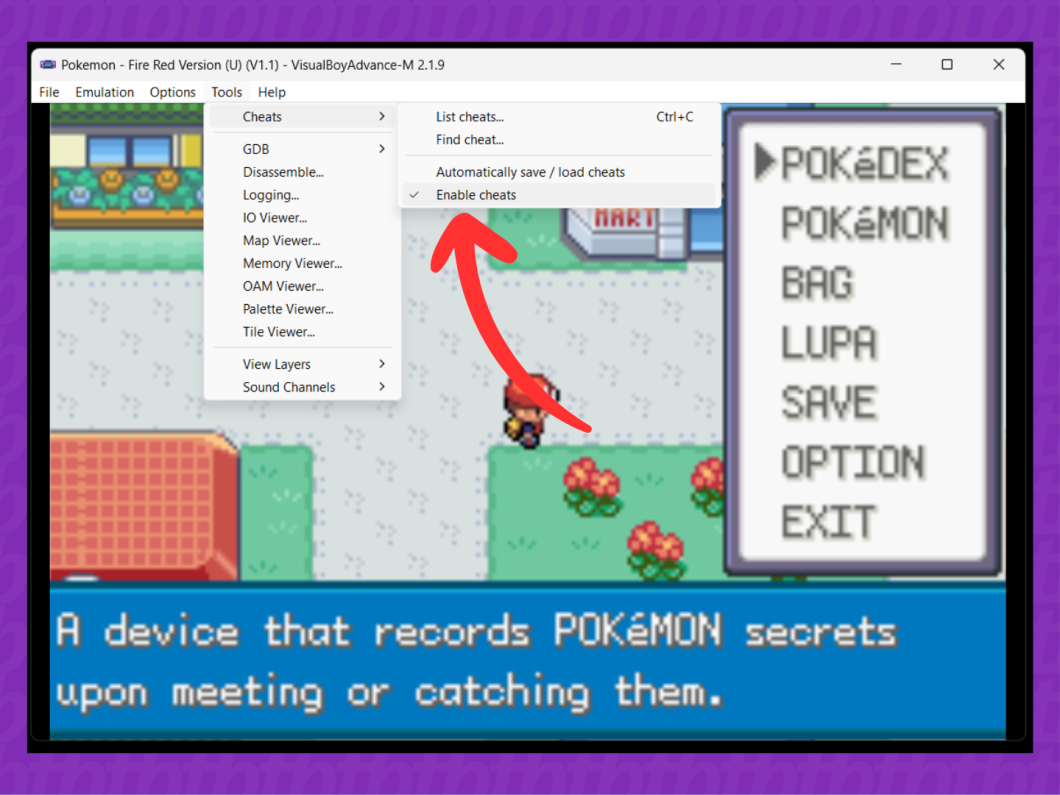 Captura de tela do aplicativo VisualBoyAdvance mostra como desabilitar os cheats