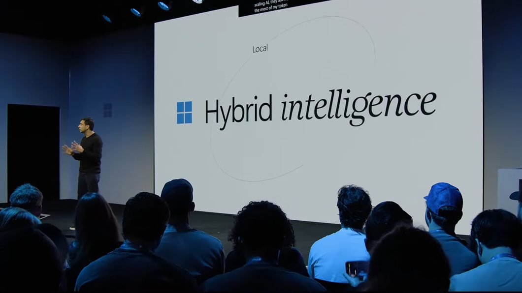 imagem da apresentação da Microsoft com o painel escrito "Hybrid Intelligence"