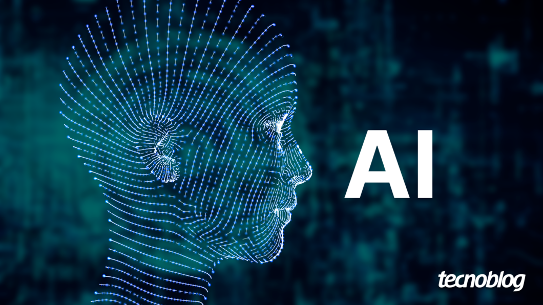 Uma ilustração digital de um perfil de cabeça humana, formada por linhas e pontos luminosos azuis que simulam uma rede neural ou mapeamento digital. Ao lado direito, em letras brancas, a sigla "AI" (Inteligência Artificial). O fundo é escuro com leves pontos de luz. No canto inferior direito, o logo "tecnoblog".