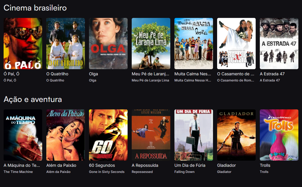 captura de tela do catálogo da Innova TV com categorias de filmes nacionais e de ação e aventura