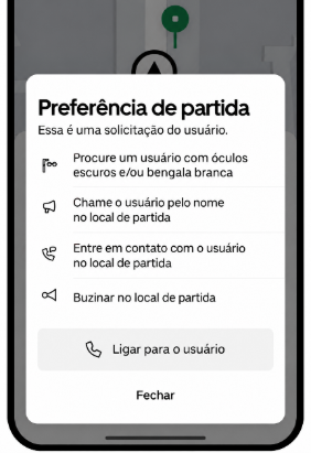 Captura de tela mostra o recurso Preferência de partida sendo exibido no app da Uber. Ele permite ligar para o usuário. 