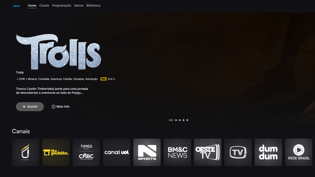 captura de tela da tela inicial da Innova TV, com banner do filme Trolls em destaque
