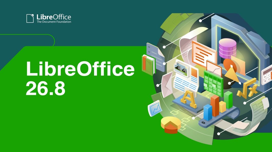 Imagem publicitária do LibreOffice 26.8 em um fundo verde, com ícones de textos, planilhas e gráficos à direita