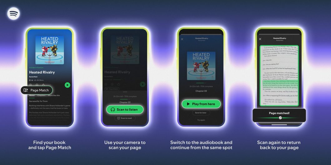 Ilustração publicitária sequencial do Spotify sobre fundo roxo e azul neon com brilho e névoa luminosa, alinhando lado a lado quatro smartphones com bordas iluminadas em verde-neon para demonstrar o recurso "Page Match" no audiobook Heated Rivalry