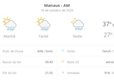 Previsão do tempo hoje para Manaus (AM): sol com algumas nuvens; chove rápido durante o dia e à noite