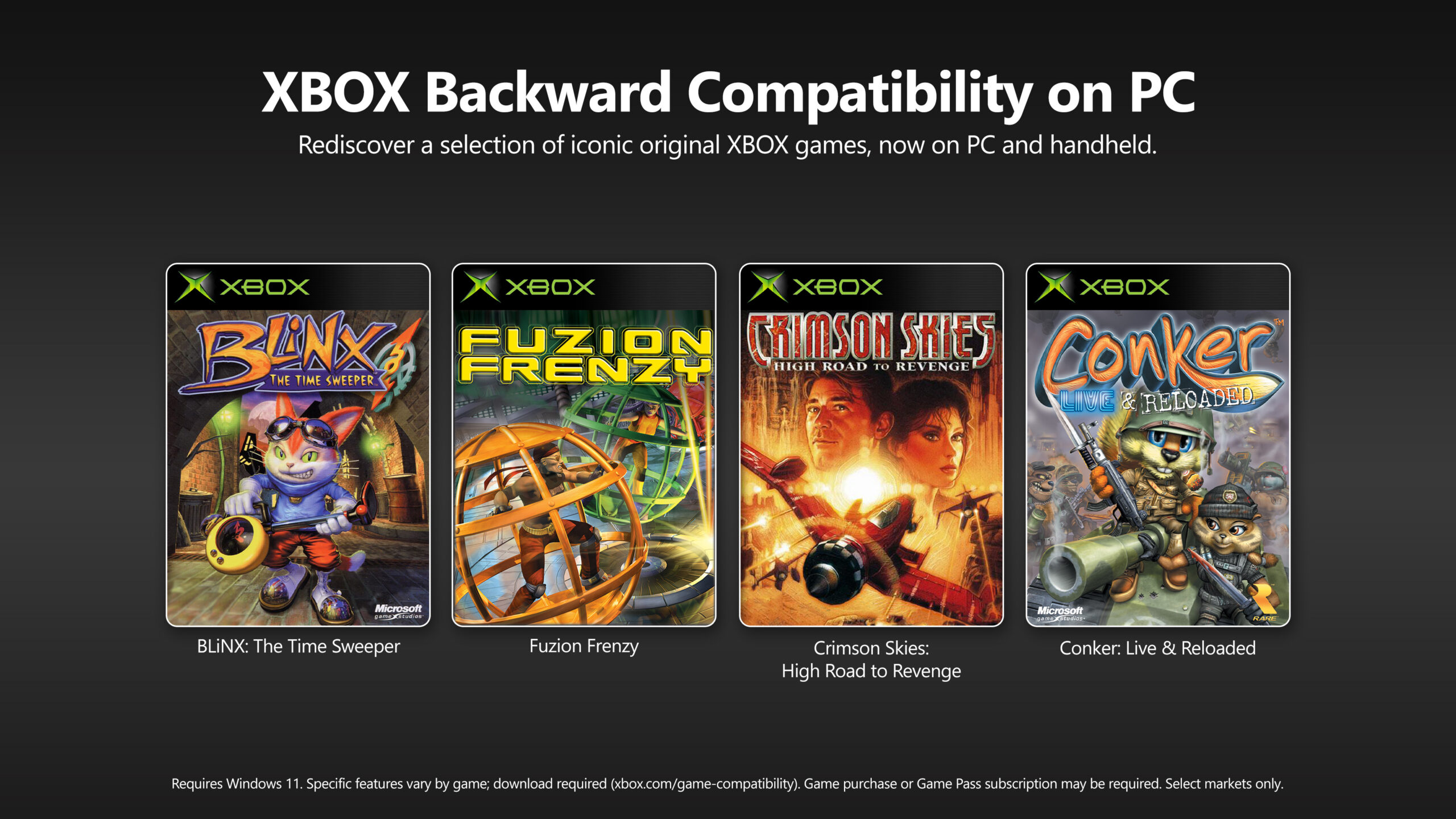 Imagem de divulgação do Xbox Backward Compatibility on PC, com os pôsteres dos jogos Blinx, Fuzion Frenzy, Crimson Skies e Conker